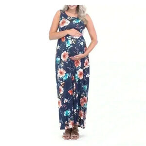 🆕 Beeuniq Maternity Navy Floral Ruched Sleeveless Pocket Maxi Dress L🆕